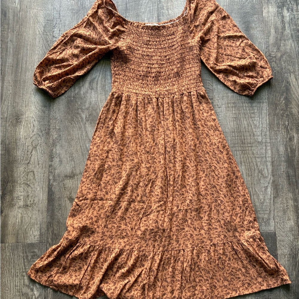 Elegant Brown Smocked Women's Dress